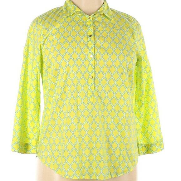 Lands' End Women's Abstract Print Long Sleeve Blouse Size 14 Petite -Yellow/Blue - Picture 2 of 8